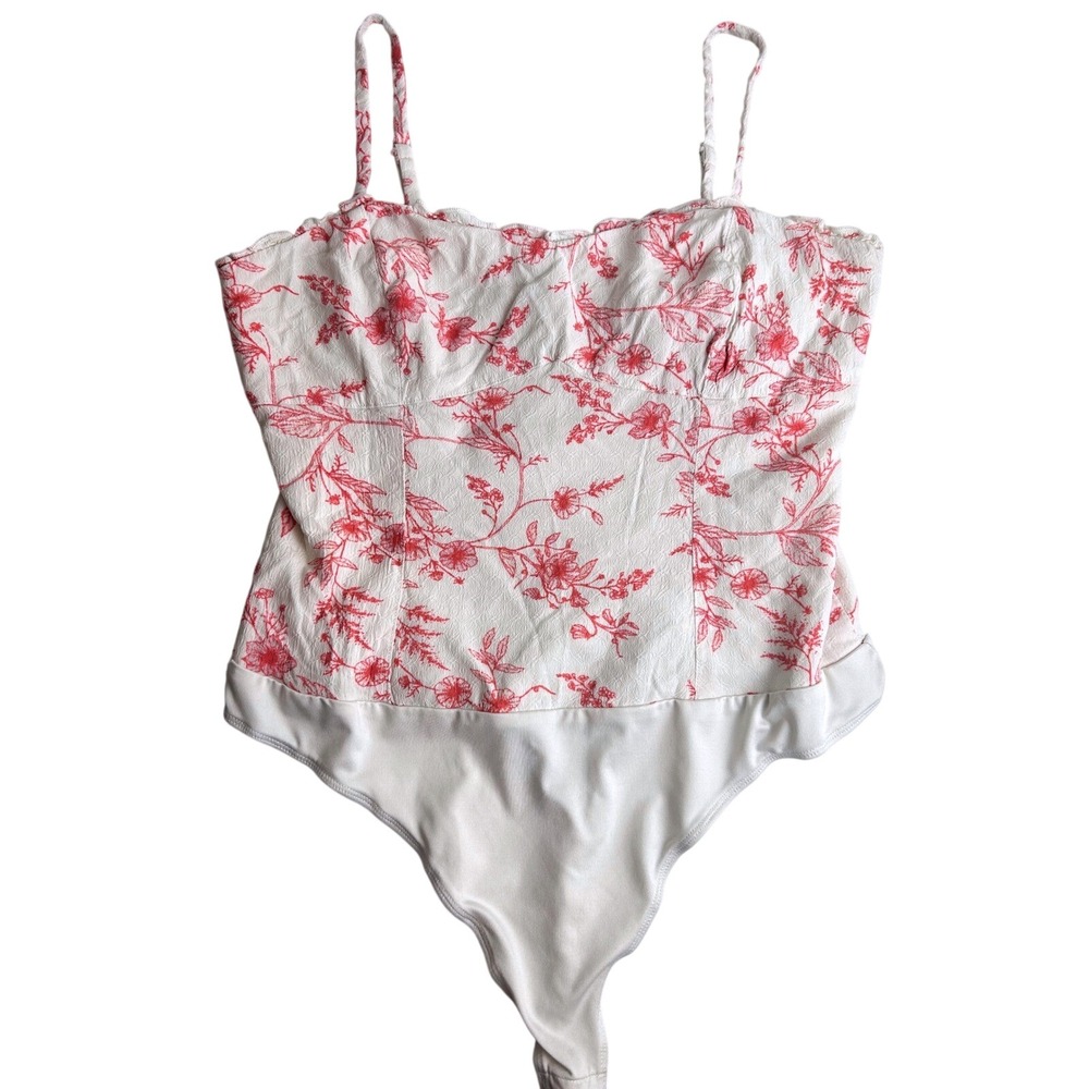 And Now This Bodysuit Red Floral Toile Smocked Bustier Women Medium